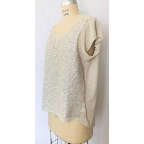 EXPRESS BEIGE METALLIC SILVER QUILTED SHORT SLEEVE TOP LARGE NWT - Picture 2 of 8